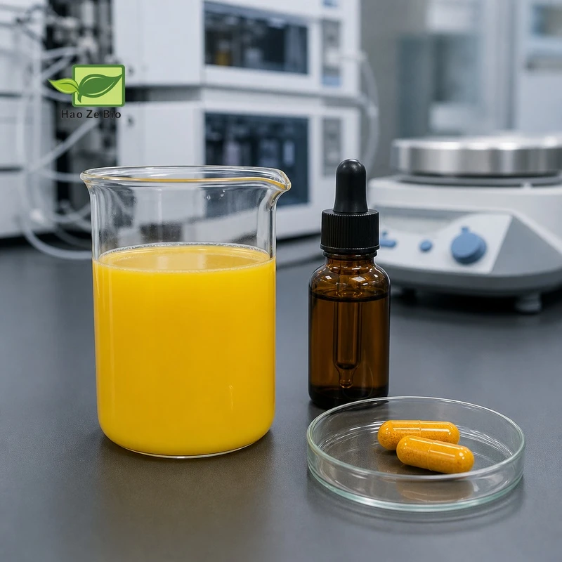 Haoze Bio Curcumin R&D formulation laboratory workbench with beaker dispersion and transparent capsules Haoze Bio Curcumin R&D formulation laboratory workbench with beaker dispersion and transparent capsules