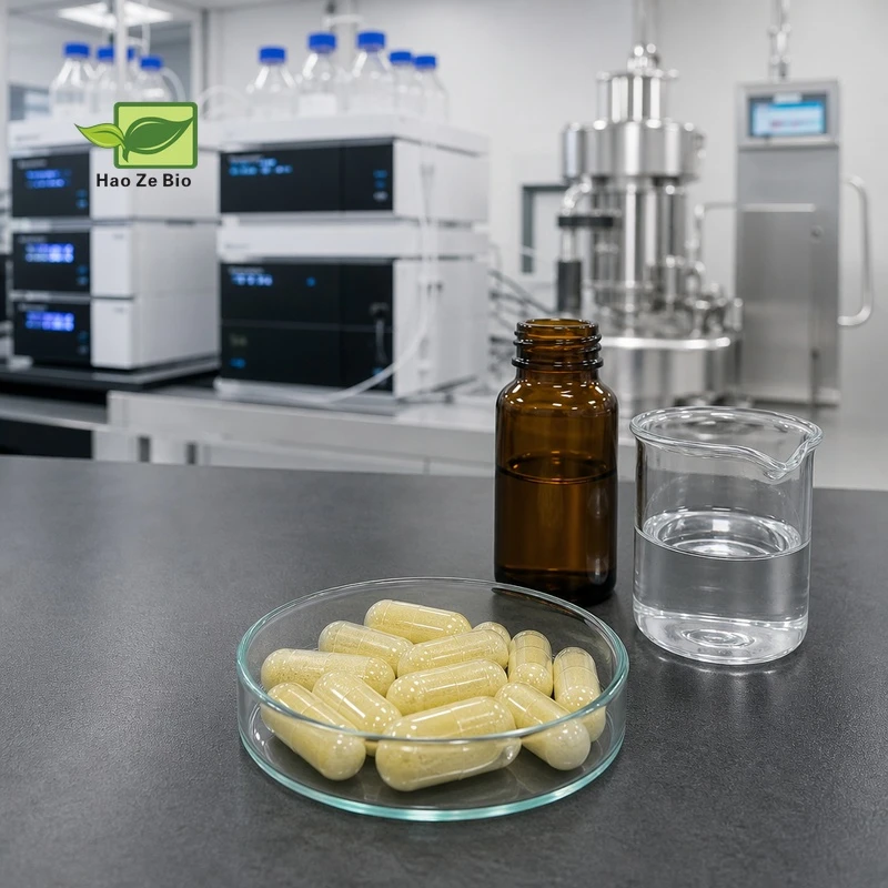 Haoze Bio Sulforaphane longevity supplement formulation lab workbench with transparent HPMC capsules and analytical HPLC equipment Haoze Bio Sulforaphane longevity supplement formulation lab workbench with transparent HPMC capsules and analytical HPLC equipment