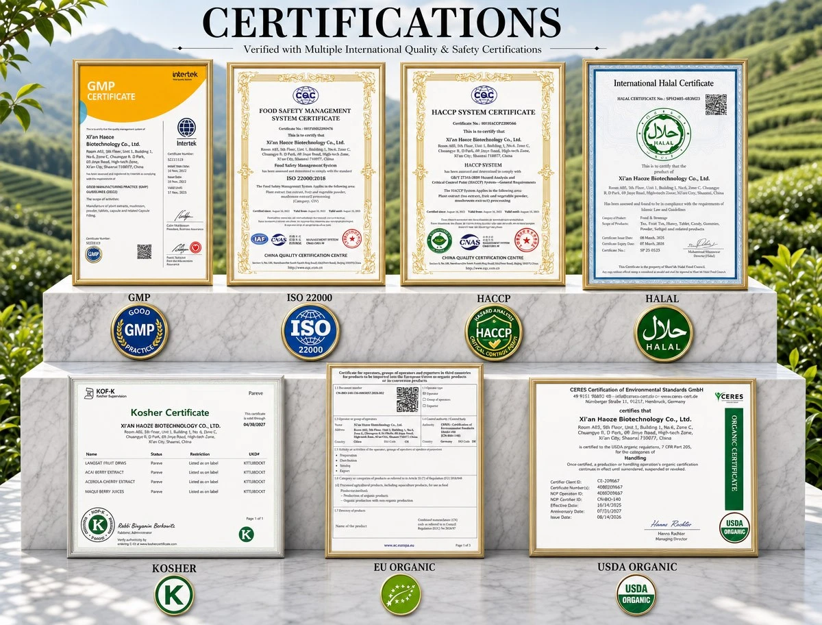 Haoze Bio comprehensive international regulatory and quality certification wall Haoze Bio international quality certifications including ISO, HACCP, Halal and Kosher